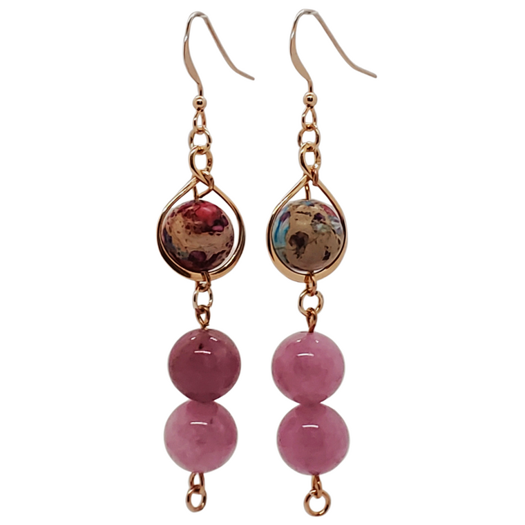 Freesia Dangle Earrings with Rainbow Sea Sediment Jasper and Kunzite Jade quartz