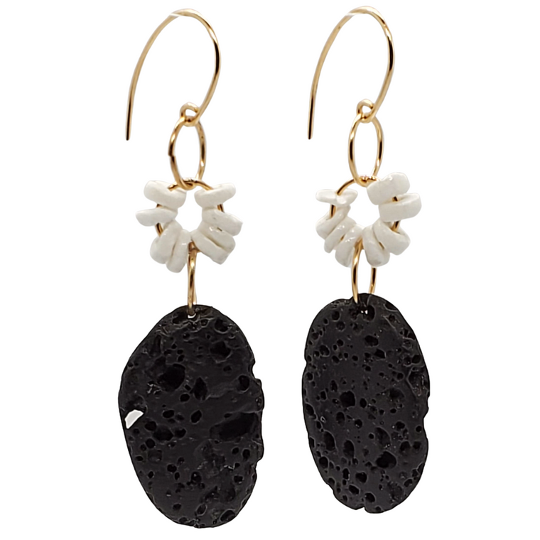Leal Dangle Earrings with black lava rock and white stones