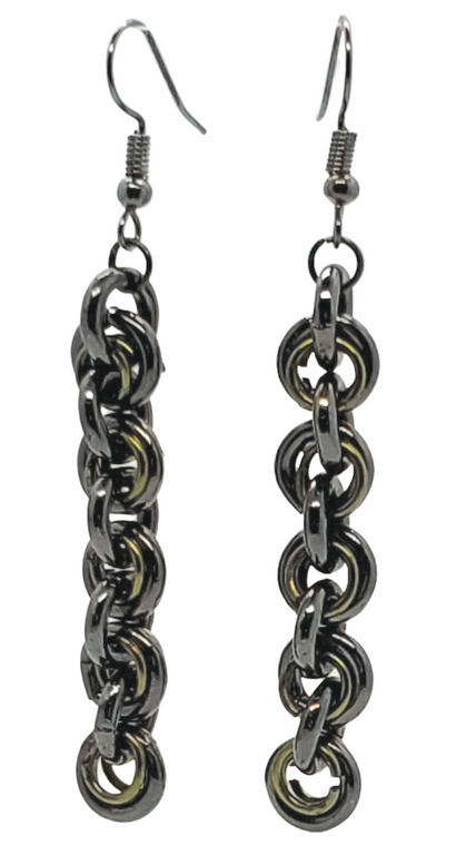 Olive green and gunmetal chain dangle earrings by Jiana Deon