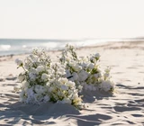 White floral arrangements with roses and baby’s breath displayed on the sand at a beach wedding ceremony.