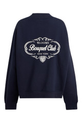 Back of navy Bouquet Club mockneck sweatshirt featuring large Bouquet Club graphic.