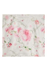 Ivory satin floral scarf with pink ranunculus print and Bouquet Club typography, displayed flat to showcase the full floral design.