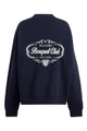 Back of navy Bouquet Club mockneck sweatshirt featuring large Bouquet Club graphic.
