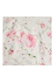 Ivory satin floral scarf with pink ranunculus print and Bouquet Club typography, displayed flat to showcase the full floral design.