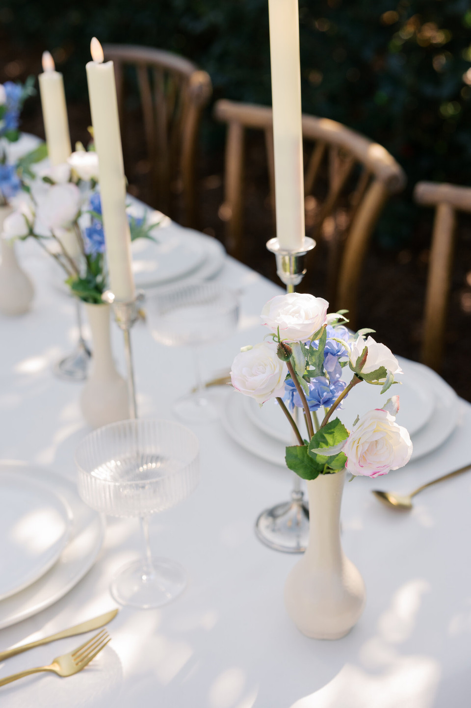 White Rose & Blue Larkspur Bud Vase Flowers