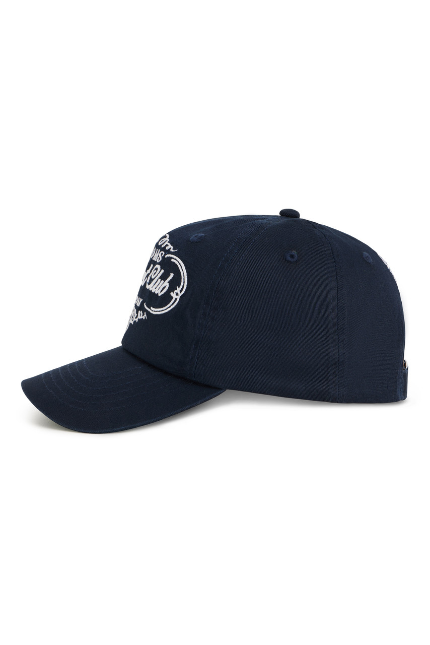 Side view of a Navy Bouquet Club baseball cap with white embroidered "Blooms Bouquet Club New York" logo on the front.