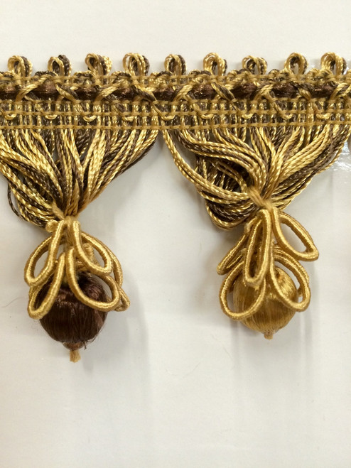 Brown & Gold French Tassel Fringe Trim With Floral Gimp Covered Ball Tassels 2" Width TF-55/8-12  Upholstery /Drapery / Interior Design / Home Furnishing