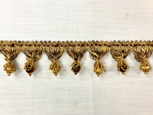 Brown & Gold French Tassel Fringe Trim With Floral Gimp Covered Ball Tassels 2" Width TF-55/8-12  Upholstery /Drapery / Interior Design / Home Furnishing