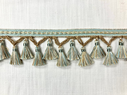 Aqua Blue & Beige Tassel Fringe 3.5" Width Trim TF-56/39-3 Interior Design / Home Furnishing / 36 Handmade tassels Per Yard