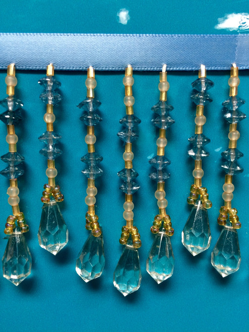 COLONIAL BLUE & BEIGE CRYSTAL BEADED FRINGE TRIM 2.75" WIDTH CBF-19/39-3 UPHOLSTERY / INTERIOR DESIGN / HOME FURNISHING