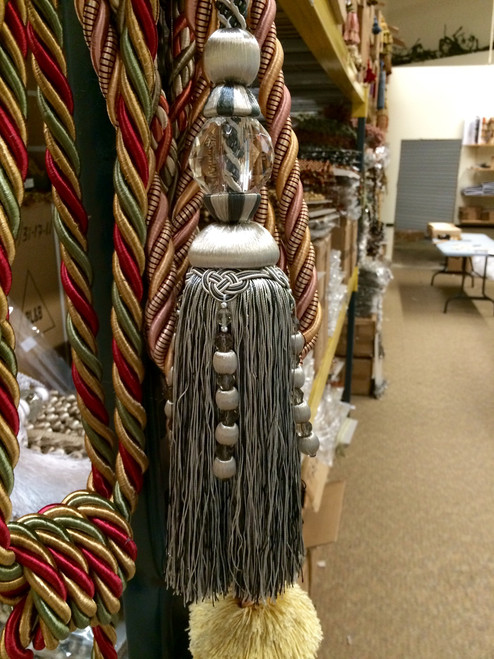 SILVER,DARK GREY & BLACK  13" CRYSTAL TASSEL CURTAIN TIEBACK With Double Twisted Loop Rope Cord SCTB-16/50-37-47   