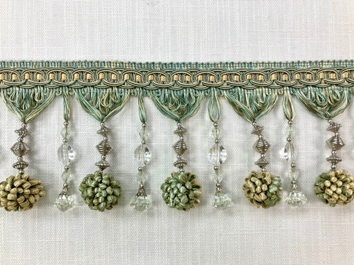Aqua & Beige POM POM & CRYSTAL TASSEL FRINGE 4.5" Width TF-45/39-3  Interior Design / Home Furnishing   