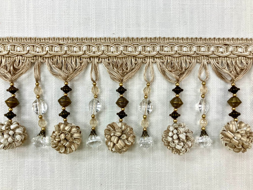 Beige & Cream Pom Pom and Crystal Beaded Tassel Fringe Trim 4.5" Width TF-45/3-2 Interior Design / Home Furnishing
