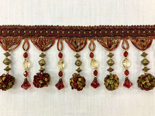 Cranberry, Brown & Green POM POM and CRYSTAL TASSEL FRINGE Trim 4.5" Width TF-45/33-7-17 Interior Design / Home Furnishing  