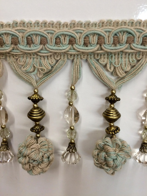 4.5" (LINEN) POM POM CRYSTAL TASSEL FRINGE-45-L/6-39     DARK TAN & AQUA BLUE 