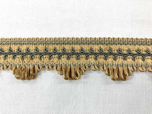SILVER BLUE, BEIGE & ANTIQUE GOLD Ruffled GIMP HEADER-1.75" Width H-58/40-3-12 Upholstery / Drapery / Interior Design  
