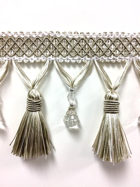 Taupe & Creamy White Crystal Tassel Fringe TF-69/4-2 Upholstery / Drapery 