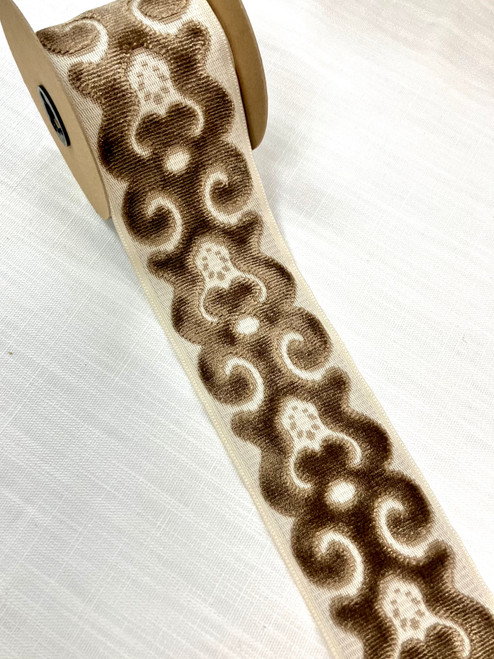 Cream & Taupe Velvet Woven Embroidery Trim Tape 3.5" Width H-1106/10 Upholstery / Drapery / Interior Design / Home Furnishing 