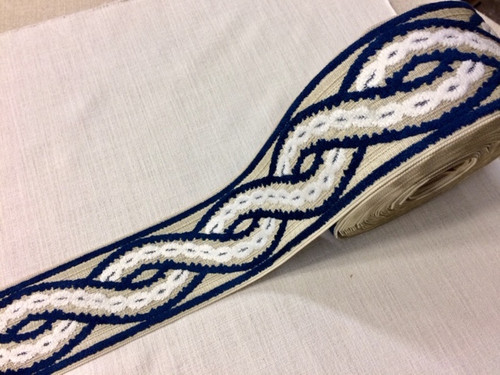 Natural, Off White & Navy Blue Velvet Woven Embroidery Trim Tape 3.5" Width H-1113/4 Upholstery / Drapery / Interior Design 