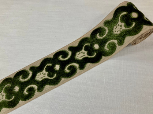 Beige & Green Velvet Woven Embroidery Trim Tape 3.5" Width H-1106/8 Upholstery / Drapery / Interior Design 