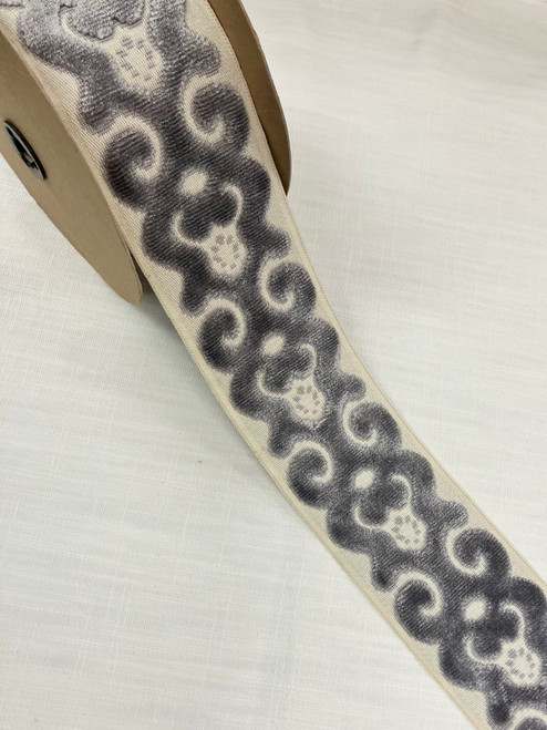 Cream & Silver Velvet Woven Embroidery Trim Tape 3.5" Width H-1106/13 Upholstery / Drapery / Interior Design
