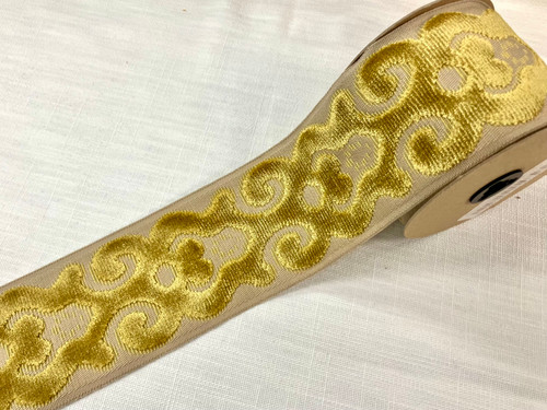 Beige & Gold Velvet Woven Embroidery Trim Tape 3.5" Width H-1106/2 Upholstery / Drapery / Interior Design / Home Furnishing
