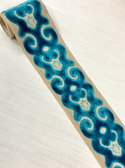 Beige & Turquoise Velvet Woven Embroidery Trim Tape 3.5" Width H-1106/7 Upholstery / Drapery / Interior Design / Home Furnishing 