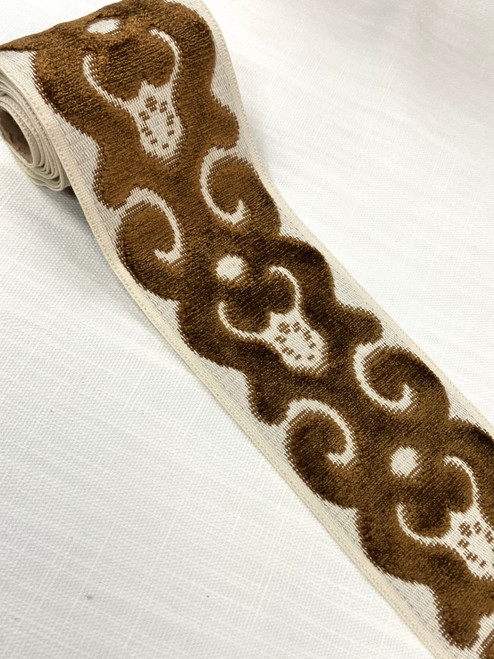 Cream & Brown Velvet Woven Embroidery Trim Tape 3.5" Width H-1106/11 Upholstery / Drapery 