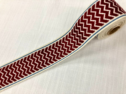 CREAM, CRANBERRY AND BLUE WOVEN EMBROIDERY REVERSIBLE TRIM TAPE 2" Width H-71/41