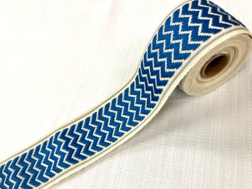 NATURAL AND BLUE WOVEN EMBROIDERY REVERSIBLE TRIM TAPE 2" Width H-71/104 
