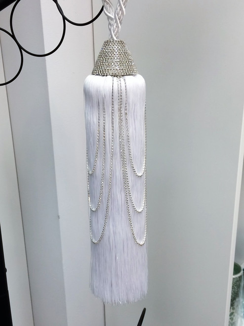 12" TASSEL RHINESTONE SINGLE CURTAIN TIEBACK SCTB-19/1 WHITE 