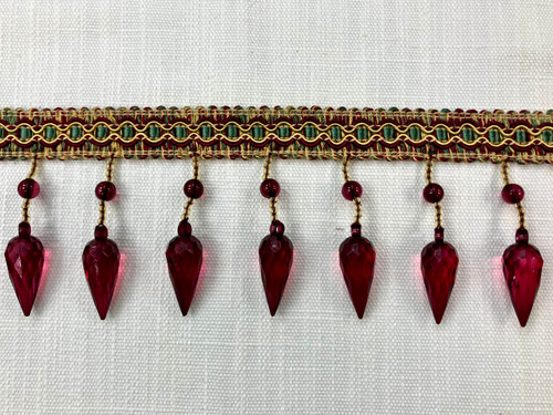 Cranberry, Green & Gold Lucite Crystal Beaded Fringe Trim 3.25" Width TF-75/33-12-17 Upholstery / Interior Design 