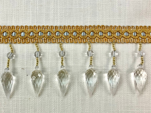Silver Blue, Beige & Gold Lucite Crystal Beaded Fringe Trim 3.25" Width TF-75/40-3-12 Upholstery / Interior Design