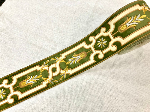 Green, Tan & Gold 4 Inch Woven Suede Embroidery Trim Tape H-17966