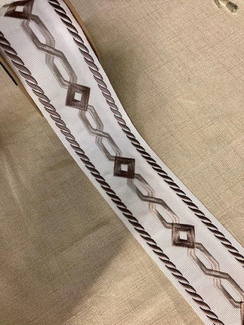 3 1/8" White, Taupe & Silver Embroidery Trim Tape Rayon Base With Silk Embroidery H-9009-1 Upholstery / Drapery / Curtains / Home Decor 