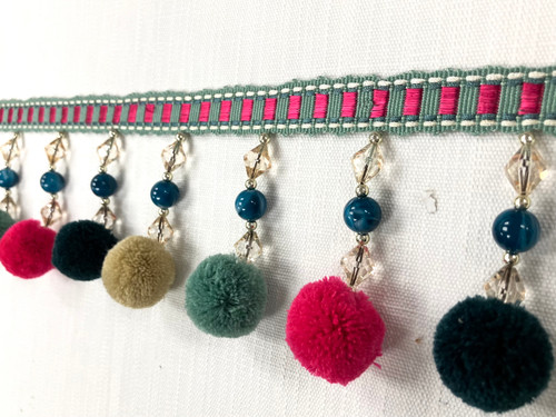 Turquoise Multi Beaded Pom Pom Tassel Fringe Trim 4" Width TF-77/44 Upholstery / Drapery / Interior Design
