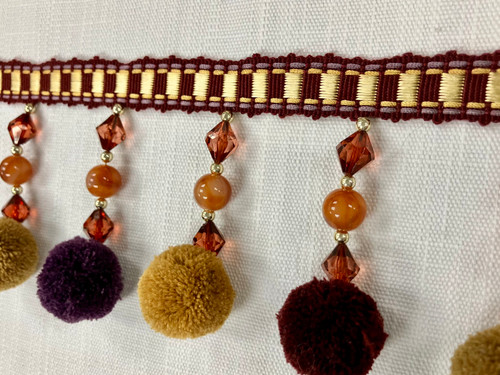 Burgundy Multi Beaded Pom Pom Tassel Fringe Trim 4" Width TF-77/33 Upholstery / Drapery / Interior Design