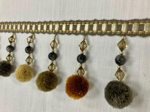 Taupe Multi Beaded Pom Pom Tassel Fringe Trim 4" Width TF-77/4 Upholstery / Drapery / Interior Design