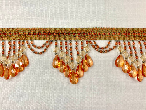 Rust, Gold & Green Lucite Crystal Beaded Tassel Fringe Trim 4.25" Width TF-78/35-12-17 Interior Design / Home Furnishing