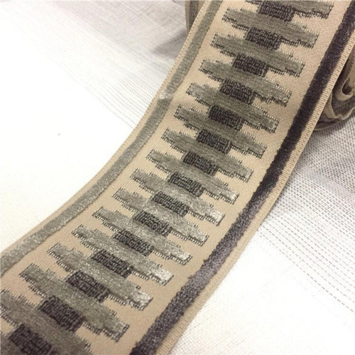 Beige & Silver Velvet Woven Embroidery Trim Tape 3.5" Width H-1108/5 Upholstery / Drapery / Home Decor