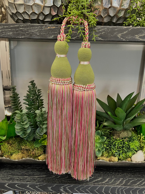 Pink, Dark Pink & Mint Jumbo Double Tassel Tieback 13" Length Plus a 15" Double Loop Twist Cord DCTB-22/18-13 Drapery / Curtains / Interior Design
