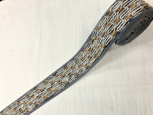 Slate, Tan & Natural Woven Embroidery Trim Tape 2" Width H-602/40 Upholstery / Drapery / Interior Design / Home Furnishing