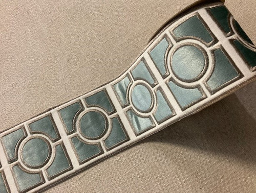 4" Spa, Taupe & Creamy White Woven Suede Embroidery Trim Tape H-17923 Upholstery / Drapery / Interior Design / Home Furnishing