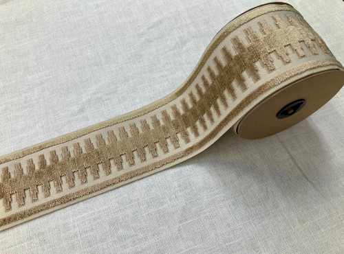Cream & Beige Velvet Woven Embroidered Fabric Tape 3.5" Width Trim H-1108/1