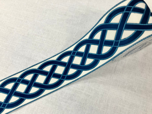 Natural & Navy Woven Suede Embroidery Trim Tape 3.75 Inch Width H-179301-2 Upholstery / Drapery / Interior Design / Home Furnishing