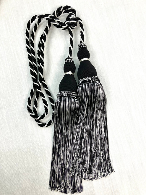 Black & Winter White Jumbo Double Tassel Tieback 13" Length Plus A 15" Double Loop Twist Cord DCTB-22/46-41 Drapery / Interior Design / Home Furnishing