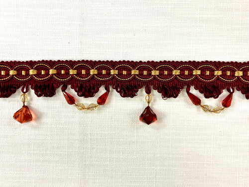 Cranberry & Antique Gold Lucite Crystal Beaded Tassel Fringe Trim 3" Width TF-28/32-12 Upholstery / Drapery / Interior Design / Home Furnishing