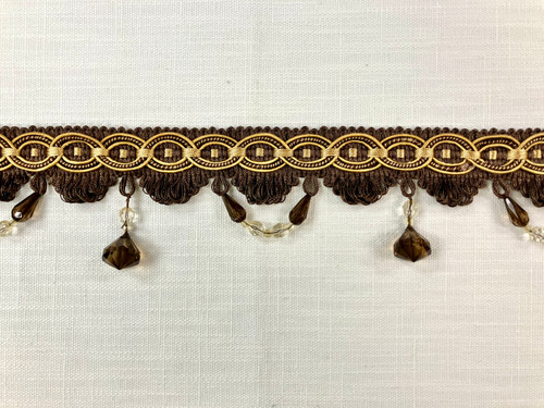 Brown & Antique Gold Lucite Crystal Beaded Tassel Fringe Trim 3" Width TF-28/8-12 Upholstery / Drapery / Interior Design / Home Furnishing