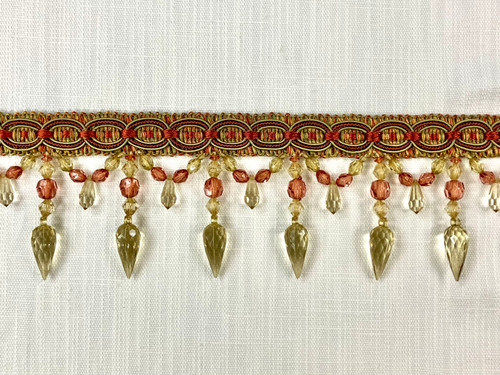 RUST, GOLD & LODEN GREEN CRYSTAL BEADED  TASSEL FRINGE Trim 4" Width TF-32/35-12-17  Upholstery / Drapery / Interior Design / Home Furnishing / Handmade