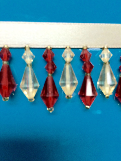1.5" CRYSTAL BEADED FRINGE-3/2-30       CREAM & RED